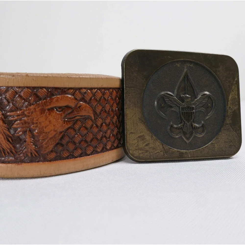 Boy Scouts of America Vintage Tooled Leather Belt Boys sz 8/10 Eagle Sunset BSA
